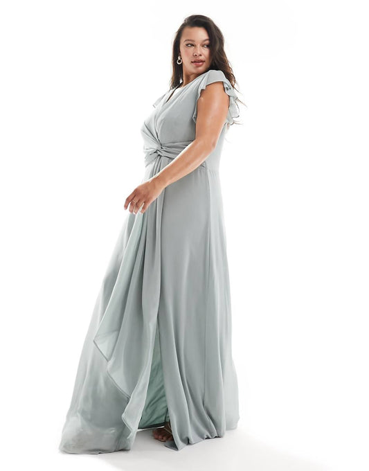 TFNC Plus Bridesmaid flutter sleeve ruffle detail maxi dress in sage