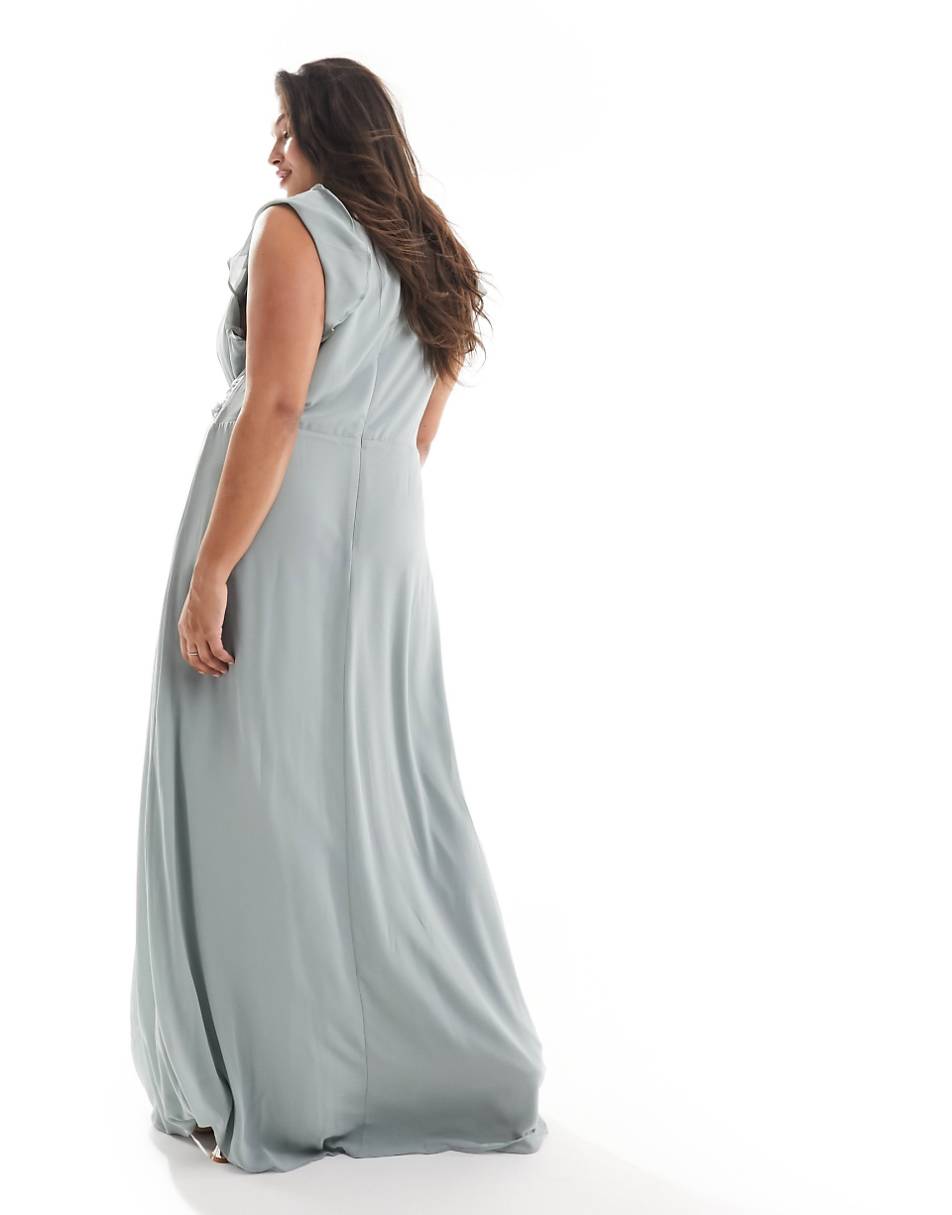 TFNC Plus Bridesmaid flutter sleeve ruffle detail maxi dress in sage