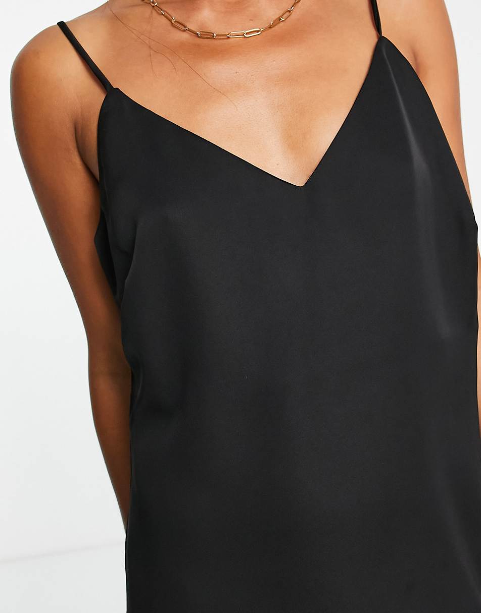 Vila satin midi cami dress in black