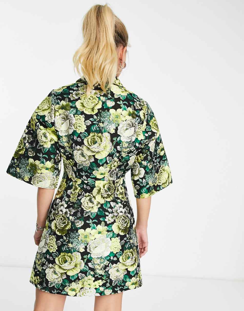 ASOS DESIGN metallic jacquard kimono sleeve shirt mini dress in large floral