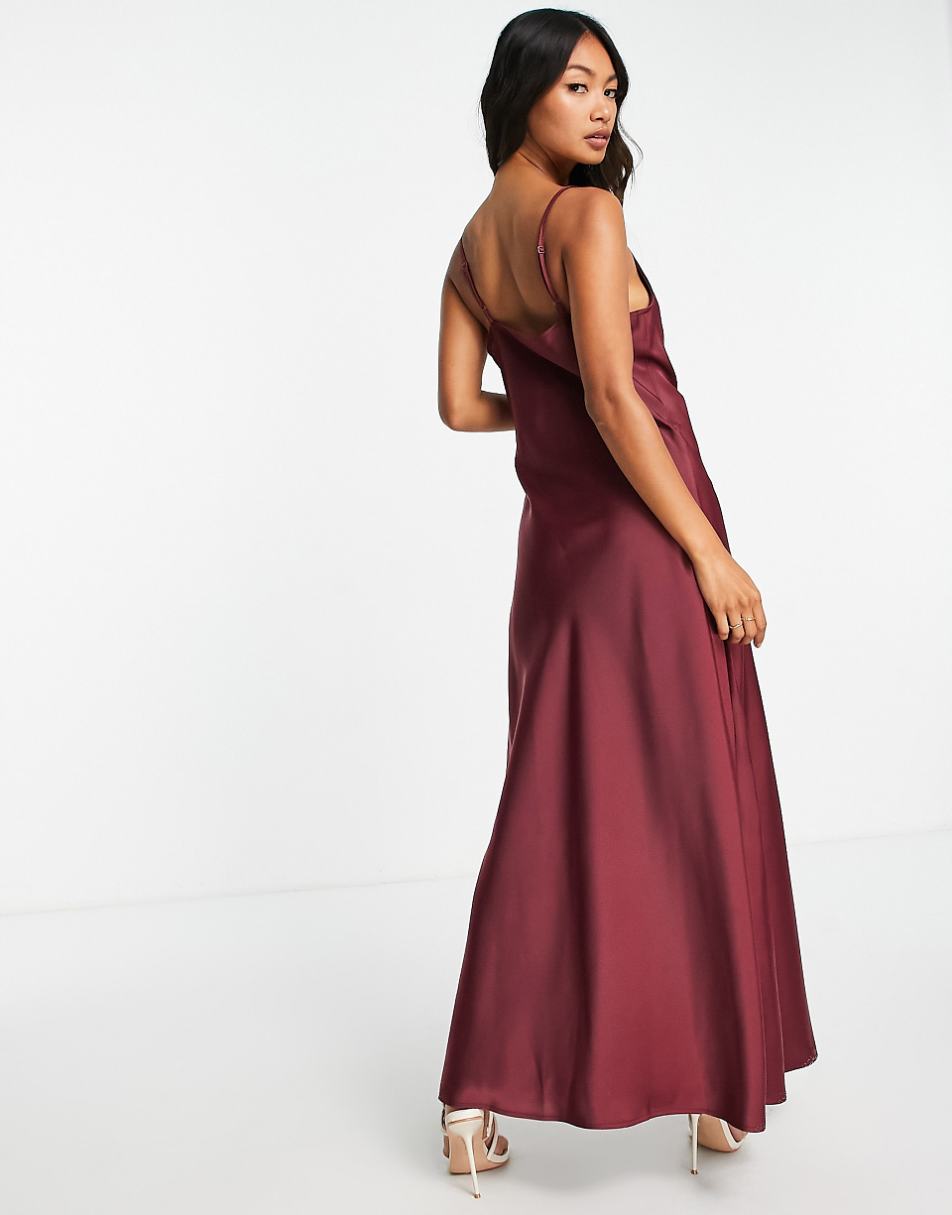 YAS Bridesmaid satin cami maxi dress in burgundy