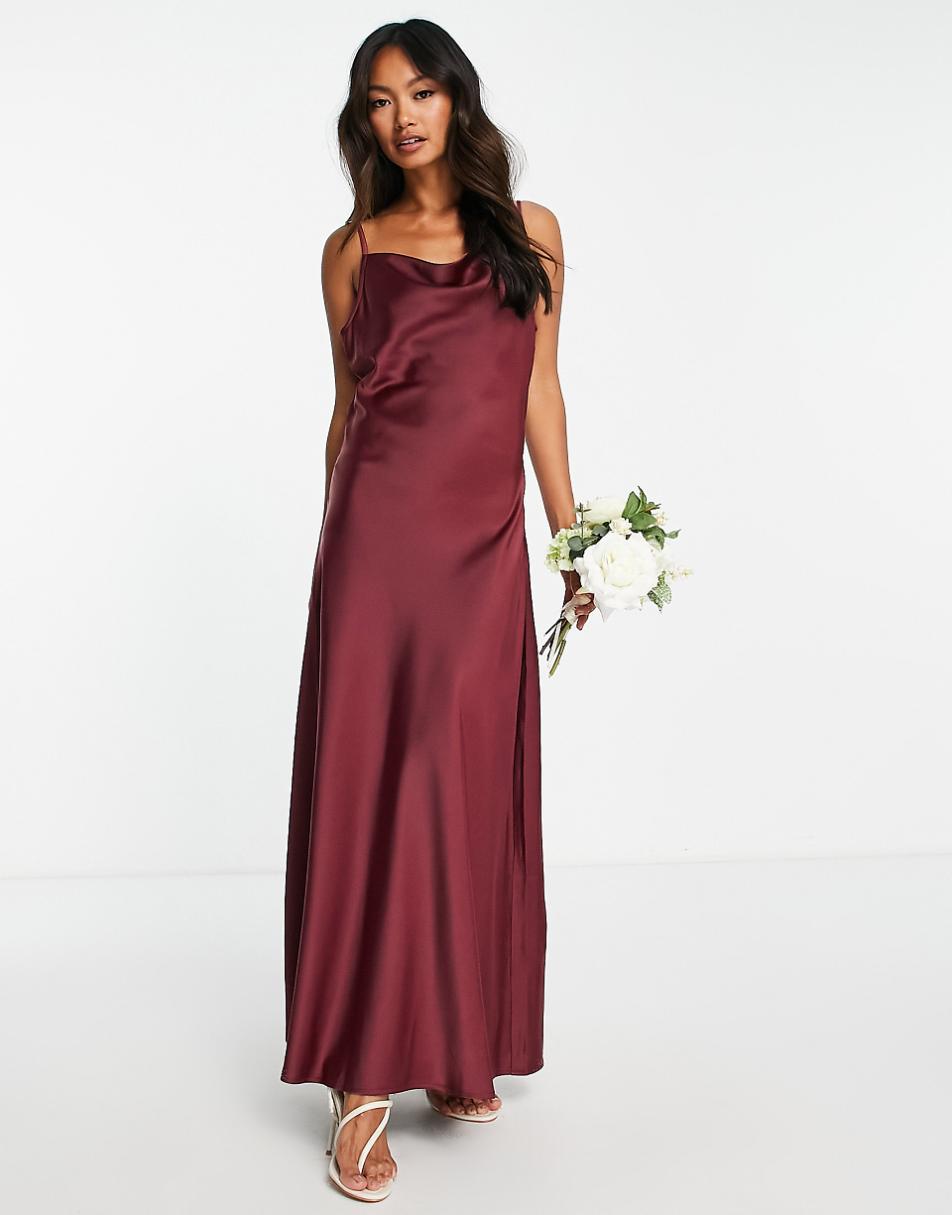 YAS Bridesmaid satin cami maxi dress in burgundy