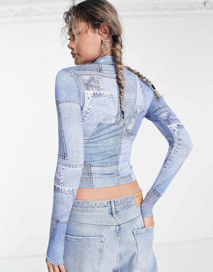 ASOS DESIGN ruched plunge slinky shirt in denim print
