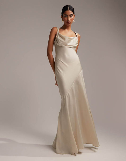 ASOS DESIGN Bridesmaid satin cowl front maxi dress with paneled skirt in champagne