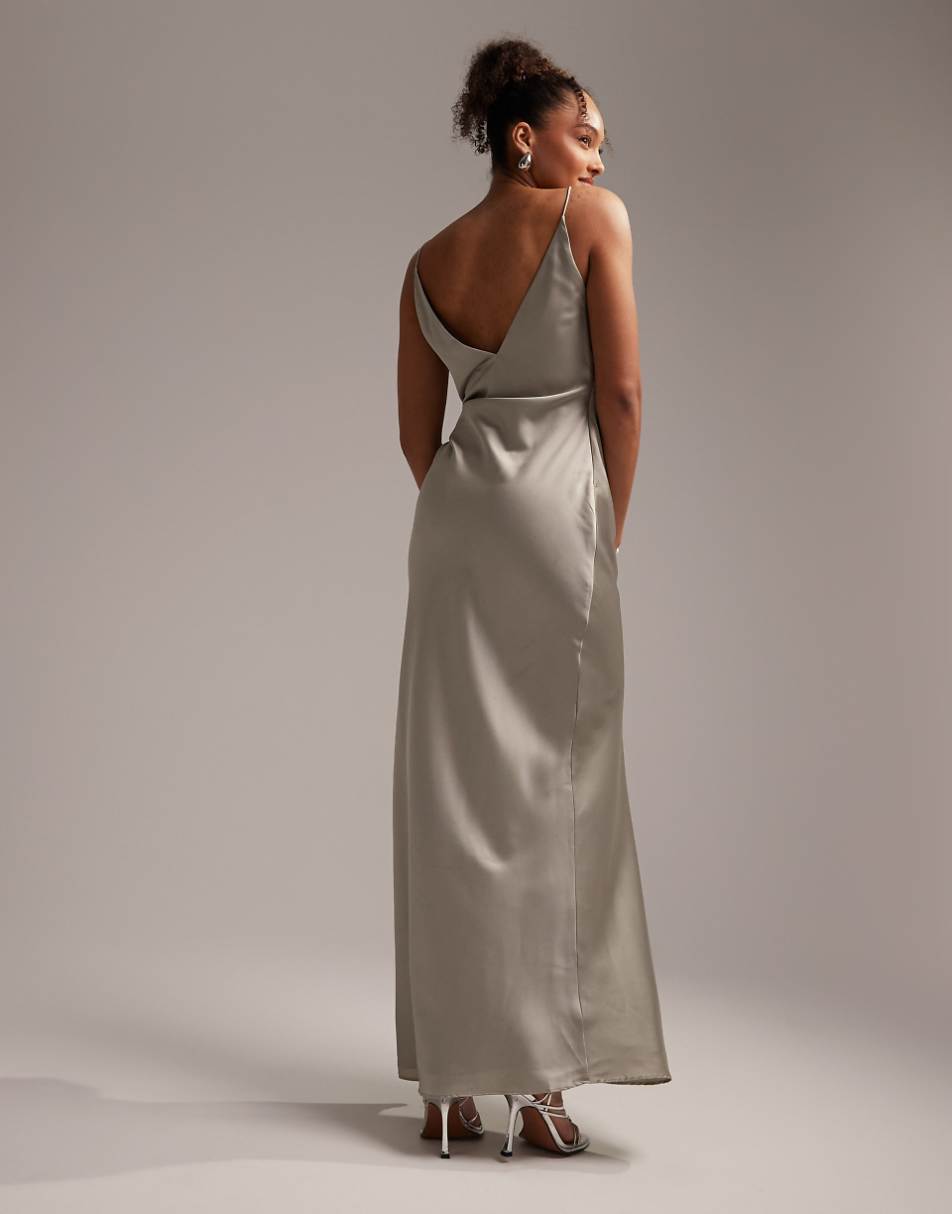 ASOS DESIGN Bridesmaid satin cami maxi dress with drape detail in sage green