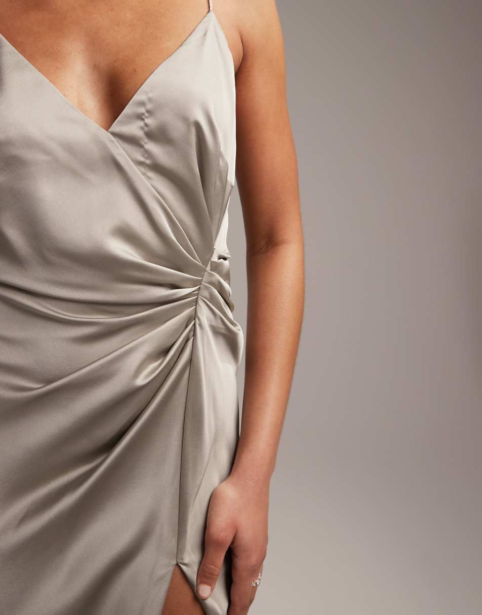 ASOS DESIGN Bridesmaid satin cami maxi dress with drape detail in sage green