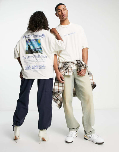 ASOS DESIGN unisex oversized licensed t-shirt with Van Gogh prints in stone