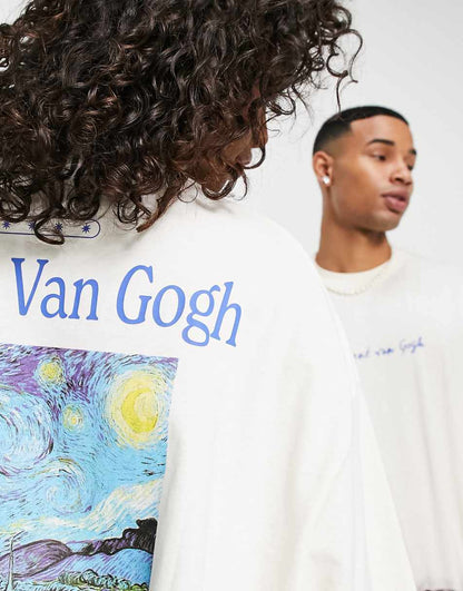 ASOS DESIGN unisex oversized licensed t-shirt with Van Gogh prints in stone