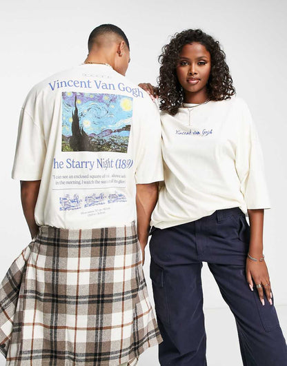ASOS DESIGN unisex oversized licensed t-shirt with Van Gogh prints in stone