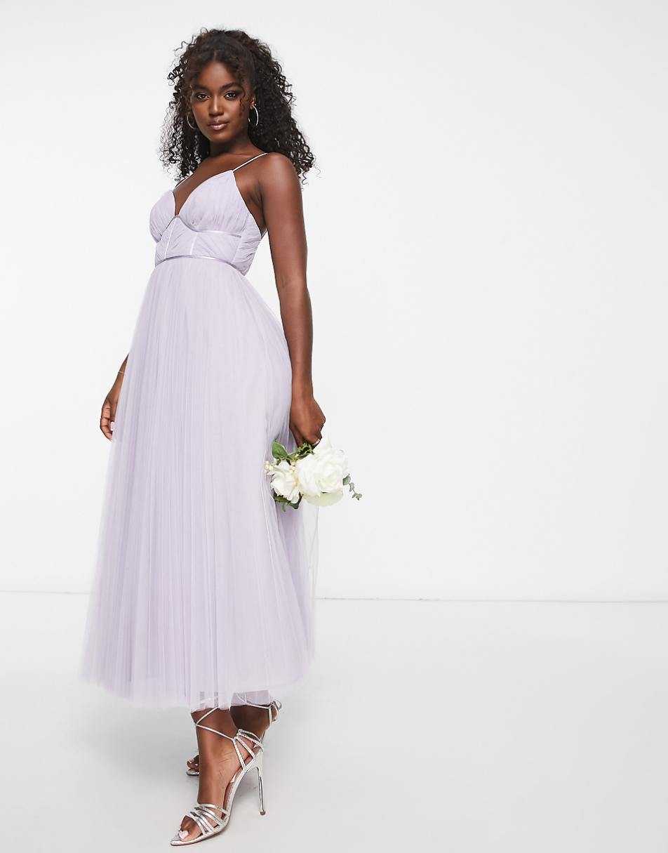 ASOS DESIGN Bridesmaid cami ruched bodice midi dress with pleated skirt in lilac