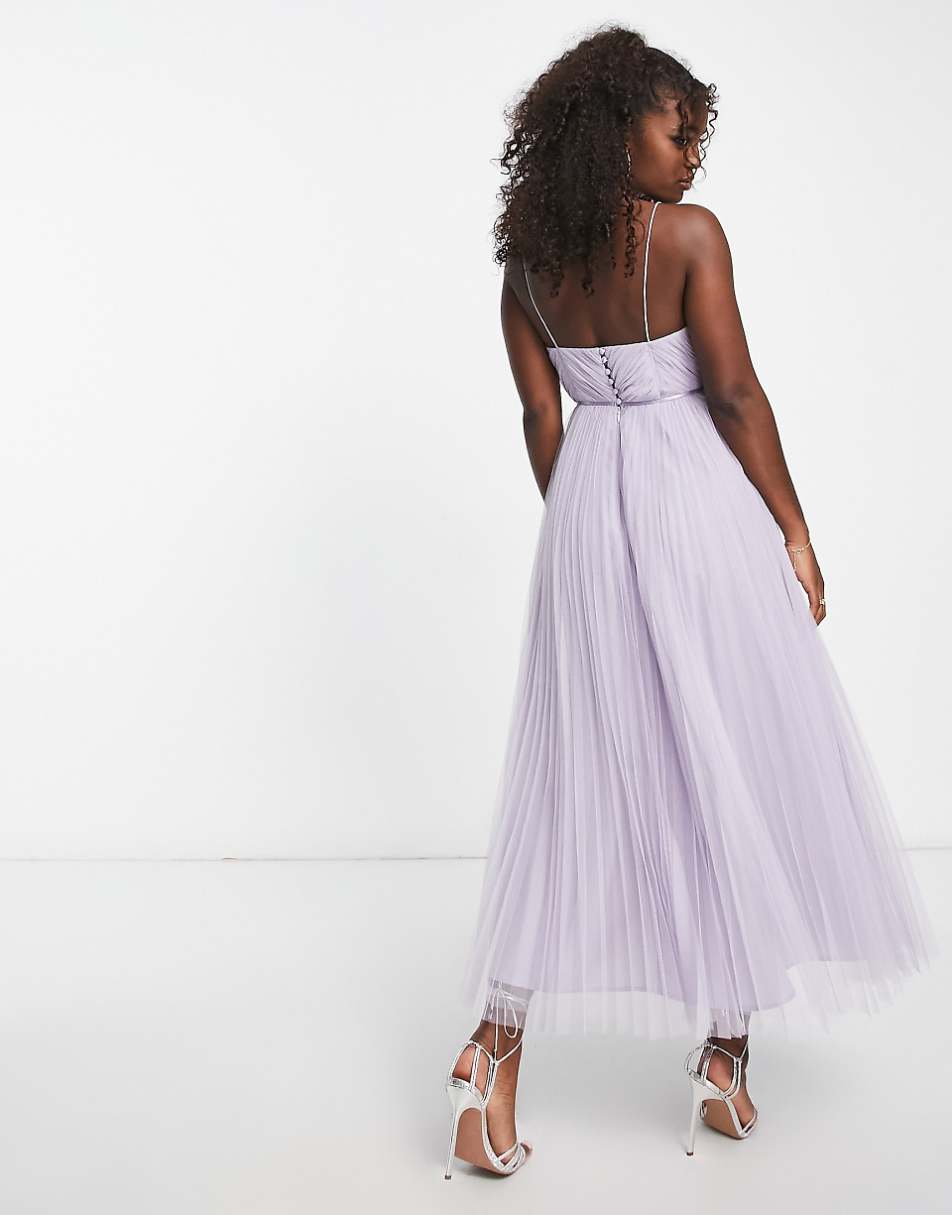 ASOS DESIGN Bridesmaid cami ruched bodice midi dress with pleated skirt in lilac