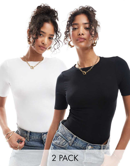 ASOS DESIGN skinny fit T-shirt bodysuit 2 pack in black and white