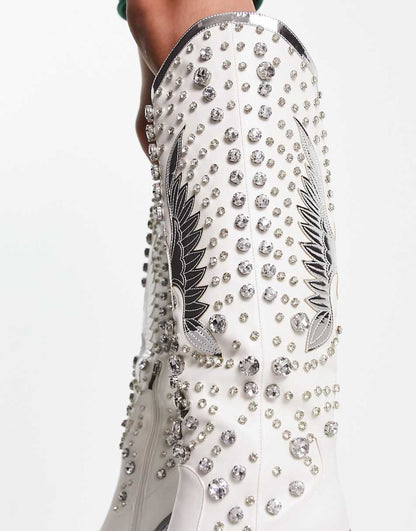 Azalea Wang Upbeat embellished western knee boot in white