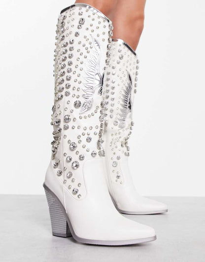 Azalea Wang Upbeat embellished western knee boot in white