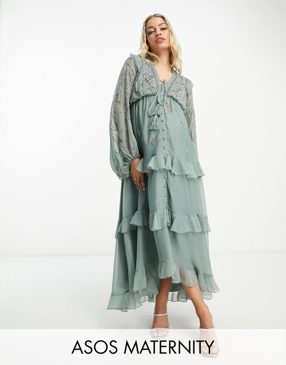 ASOS DESIGN Maternity soft midi dress with button front and trailing floral embellishment in sage