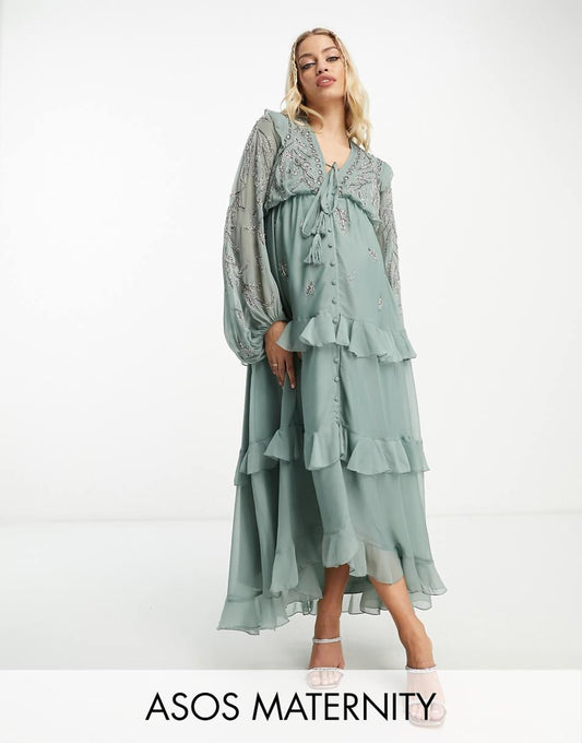 ASOS DESIGN Maternity soft midi dress with button front and trailing floral embellishment in sage