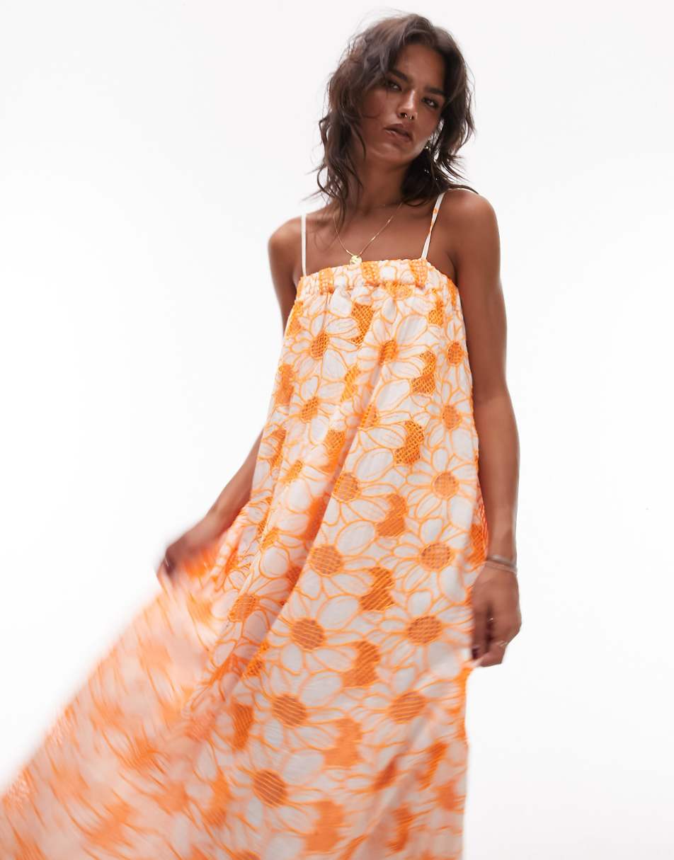 Topshop eyelet strappy chuck on midi dress in orange floral