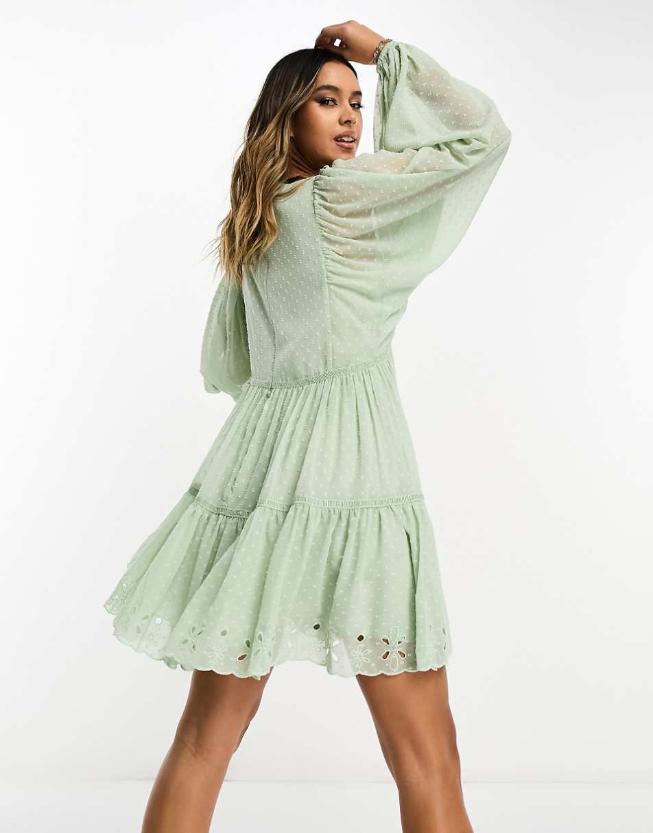 ASOS DESIGN lace trim plunge batwing mini dress with pep hem in sage texture