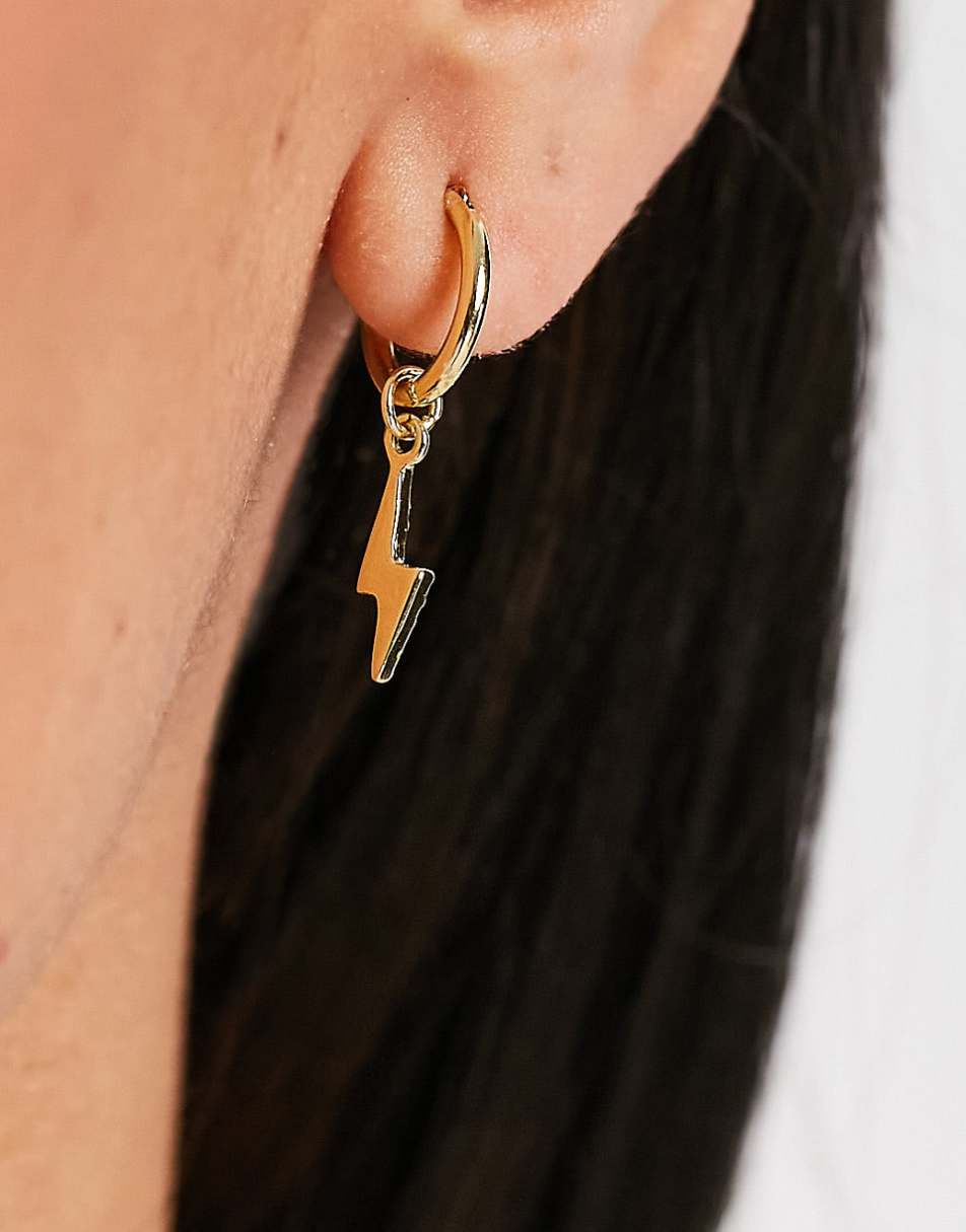 Pieces Exclusive 18k plated hoop earrings with lightning bolt drop in gold