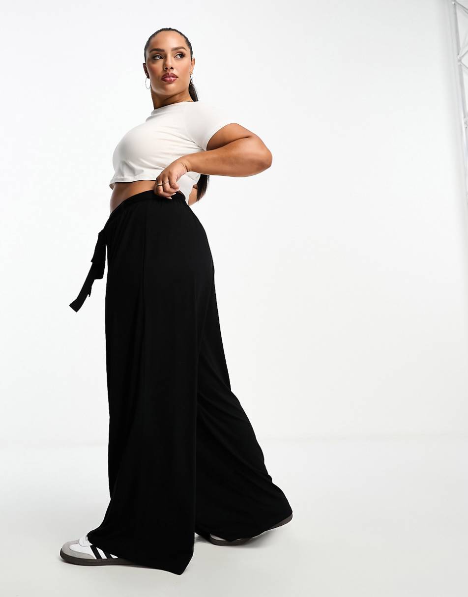 ASOS DESIGN Curve tie belt wide leg pants in black