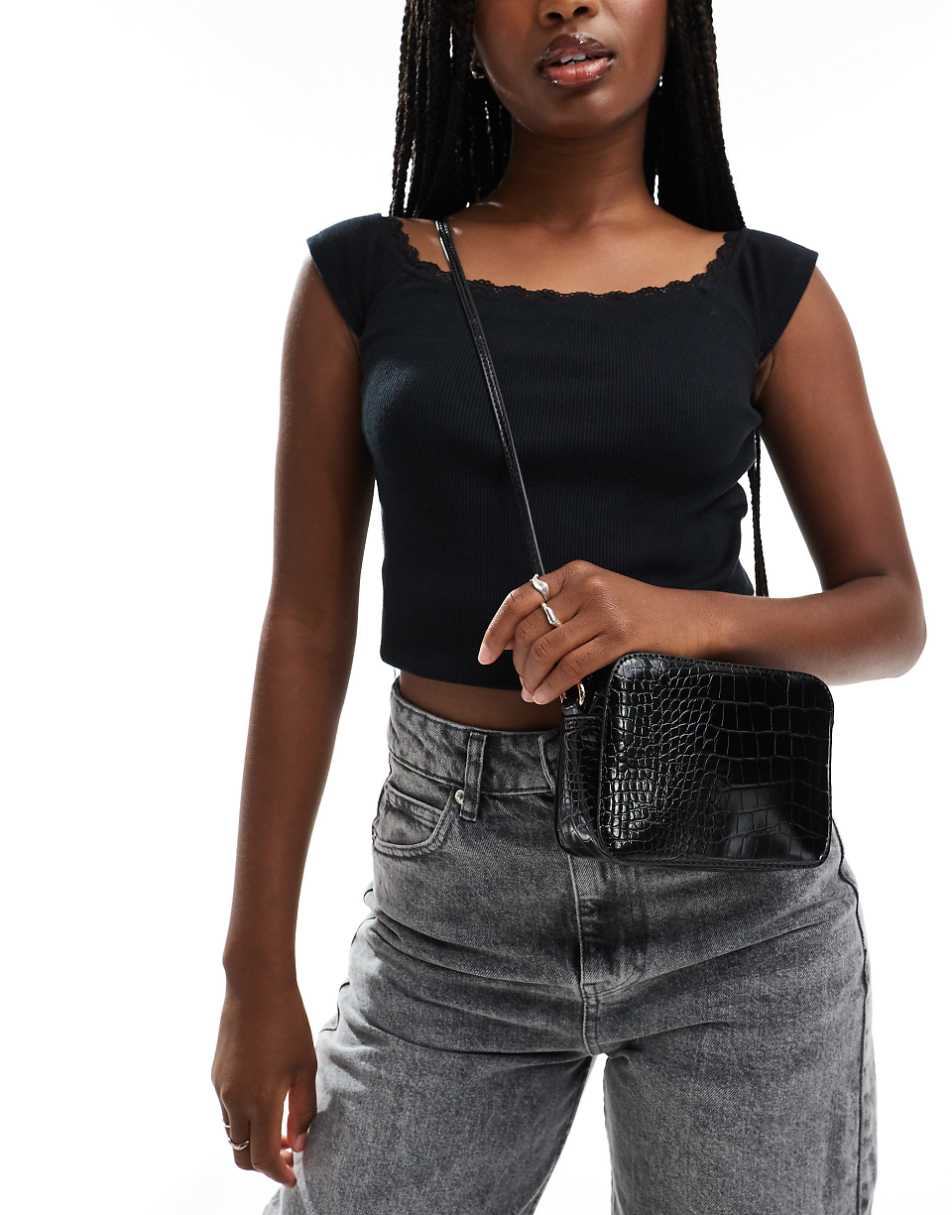 ASOS DESIGN croc effect cross body camera bag in black