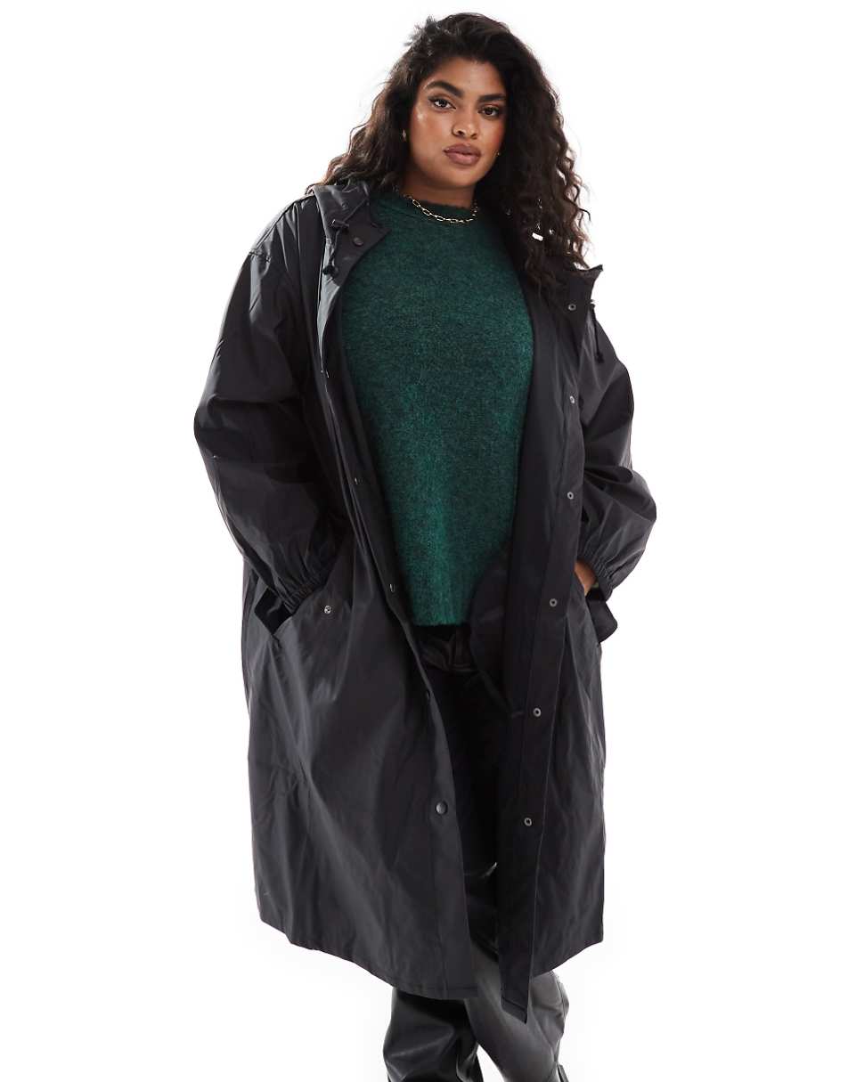 ASOS DESIGN Curve rubberized rain parka coat in black