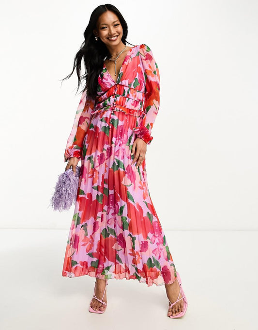 ASOS DESIGN button through ruched waist pleated midi dress in floral print