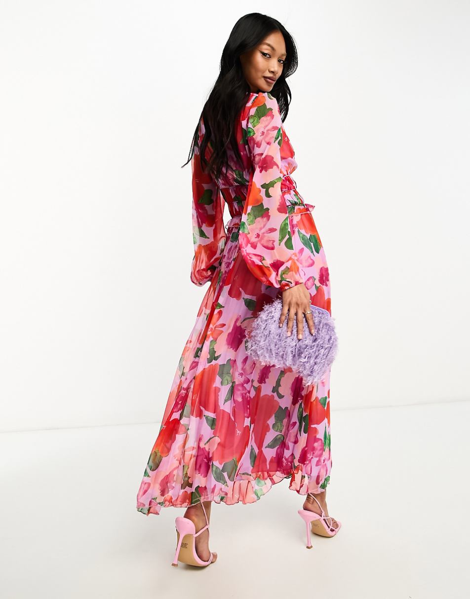 ASOS DESIGN button through ruched waist pleated midi dress in floral print