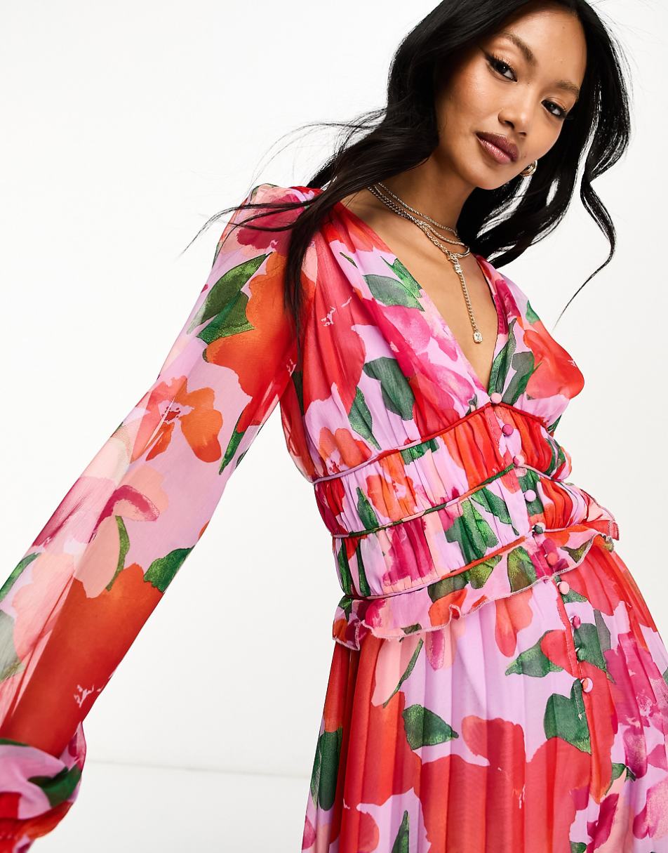 ASOS DESIGN button through ruched waist pleated midi dress in floral print