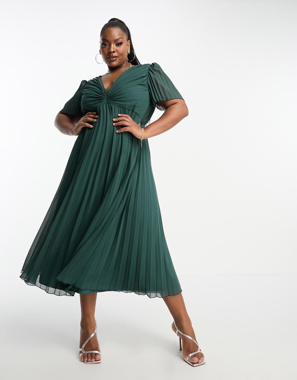 ASOS DESIGN Curve pleated bodice flutter sleeve pleat midi dress in pine green