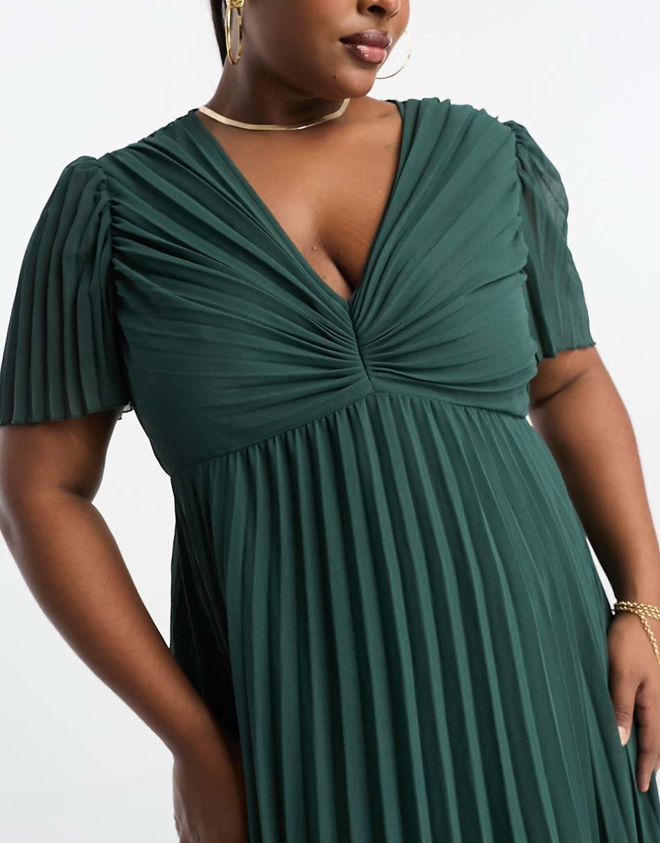 ASOS DESIGN Curve pleated bodice flutter sleeve pleat midi dress in pine green