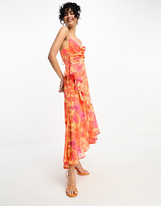 ASOS DESIGN cowl neck ruffle detail hi-low hem midi slip dress with tie side in orange floral print