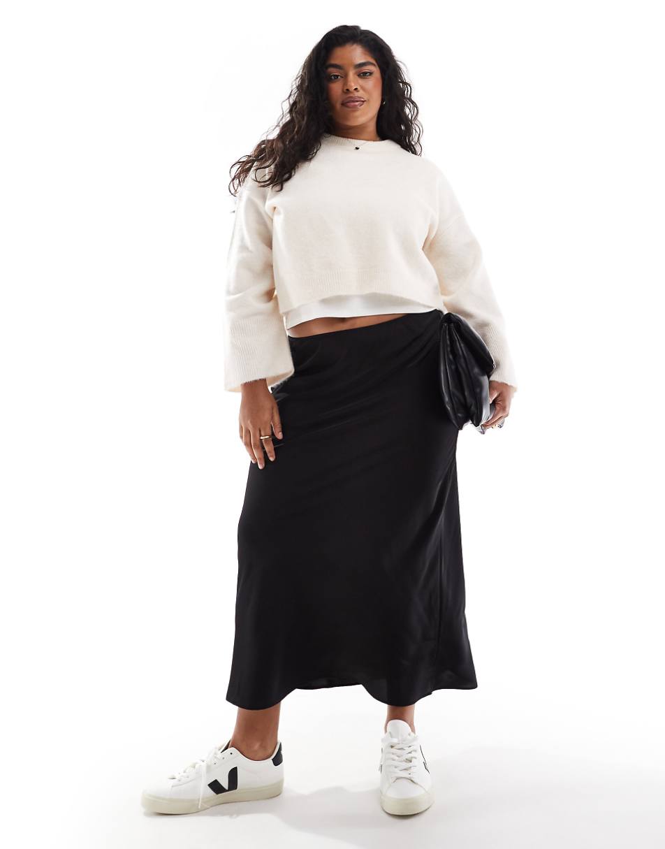 ASOS DESIGN Curve satin bias midi skirt in black