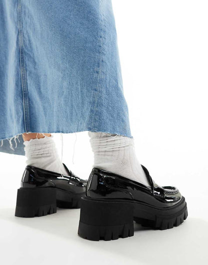 ASOS DESIGN Wide Fit Script chunky mid heel loafers in black patent