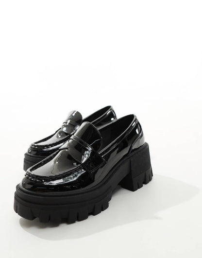 ASOS DESIGN Wide Fit Script chunky mid heel loafers in black patent