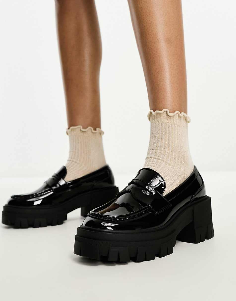 ASOS DESIGN Script chunky mid heeled loafers in black patent