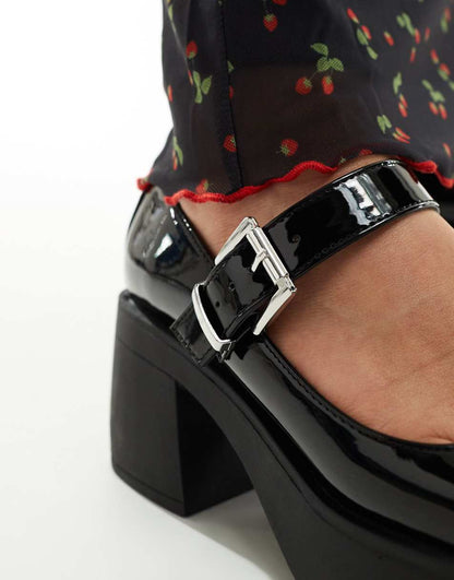 ASOS DESIGN Wide Fit Sebastian chunky mary jane heeled shoes in black patent