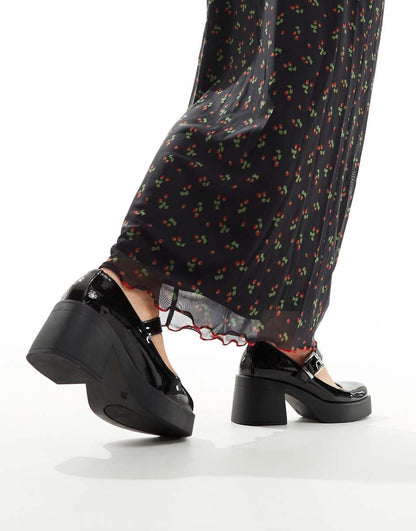 ASOS DESIGN Wide Fit Sebastian chunky mary jane heeled shoes in black patent