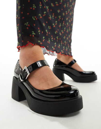 ASOS DESIGN Wide Fit Sebastian chunky mary jane heeled shoes in black patent