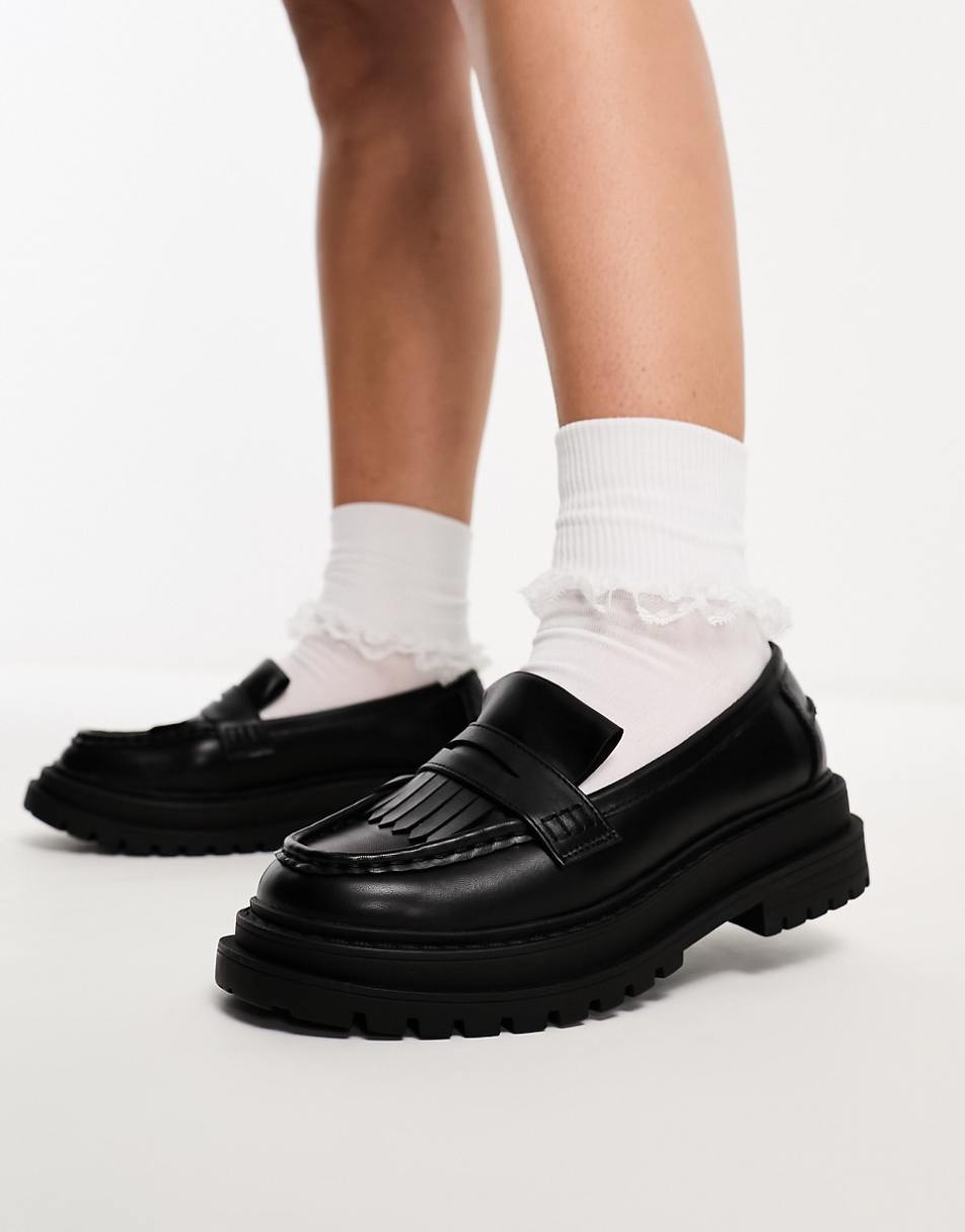 ASOS DESIGN Wide Fit Majesty chunky fringed loafers in black