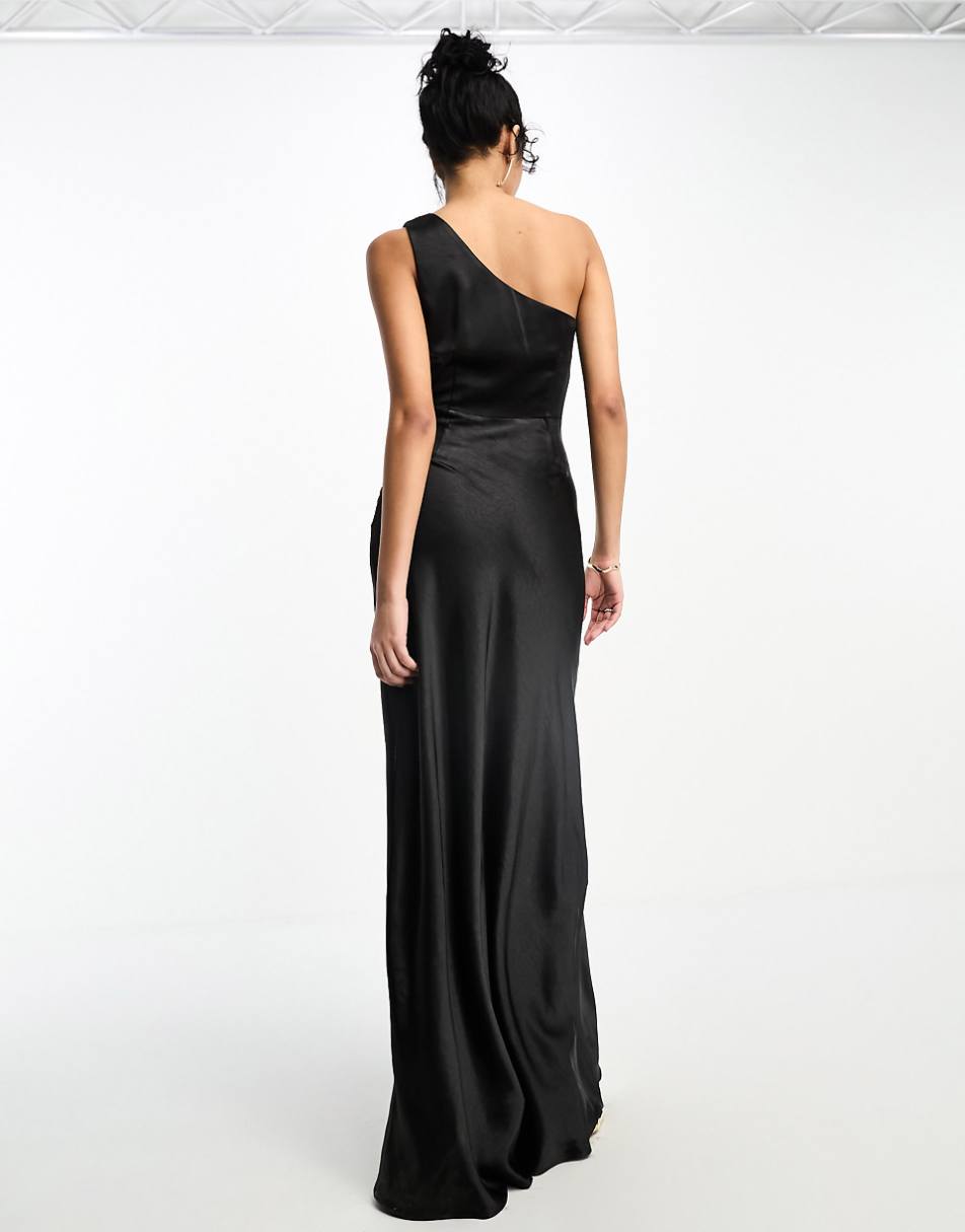 Six Stories Bridesmaids one shoulder satin maxi dress in black