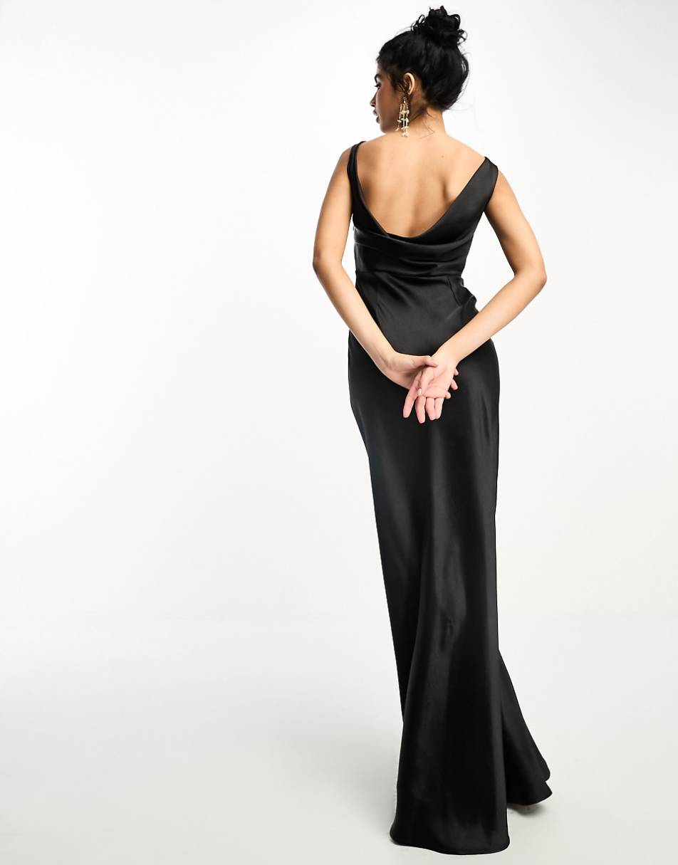 Six Stories Bridesmaids cowl back satin maxi dress in black