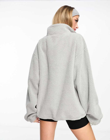 ASOS Weekend Collective half zip teddy fleece with logo in heather gray