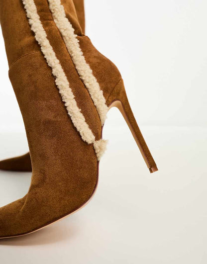 Simmi London Anders knee boots with faux shearling trim in chestnut