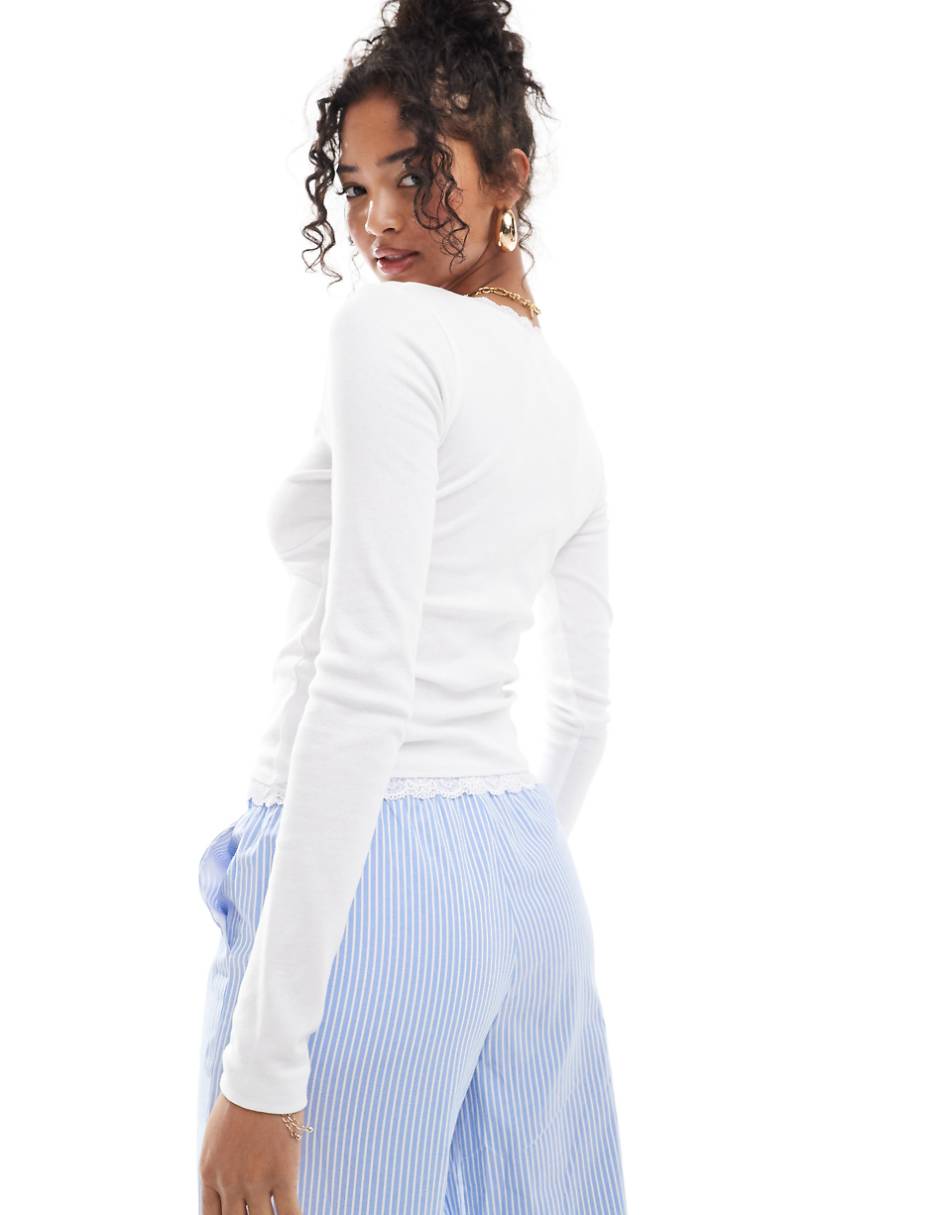 ASOS DESIGN v neck long sleeve top with lace detail in white