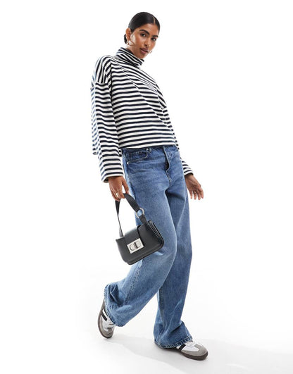 ASOS DESIGN super soft boxy turtle neck sweater in navy and cream stripe