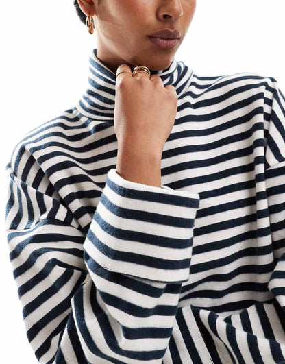 ASOS DESIGN super soft boxy turtle neck sweater in navy and cream stripe