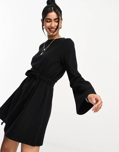 ASOS DESIGN super soft flare sleeve sweater swing mini dress with belt in black