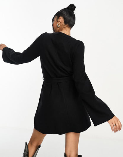 ASOS DESIGN super soft flare sleeve sweater swing mini dress with belt in black