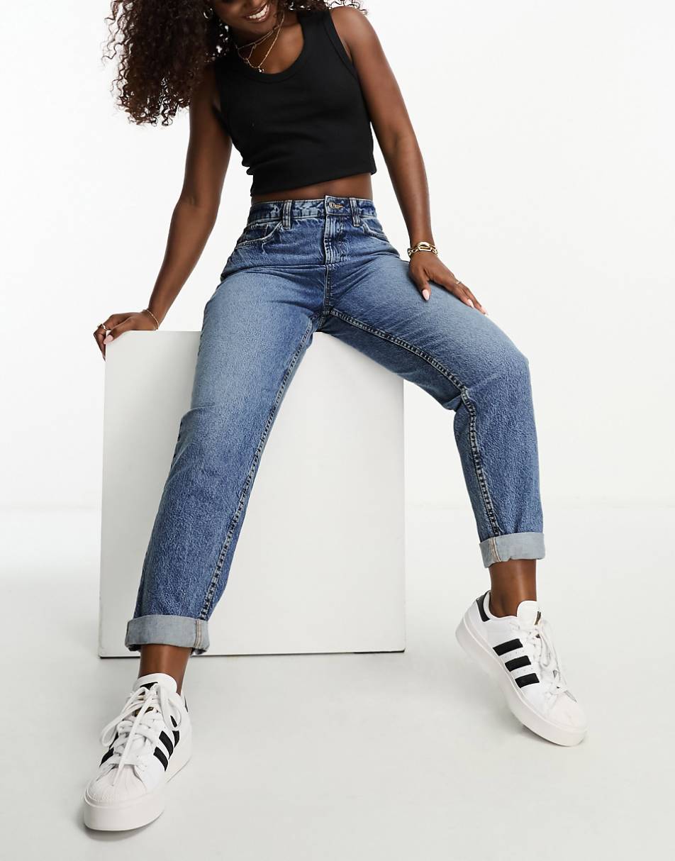 ASOS DESIGN Hourglass high rise relaxed mom jeans in mid blue